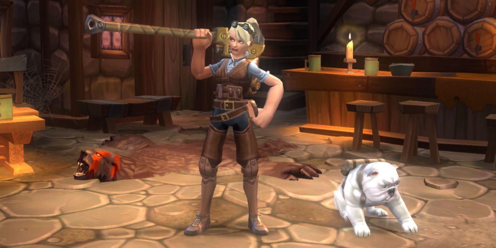 Torchlight 2 screenshot of character with their pet. They're standing in a bar.