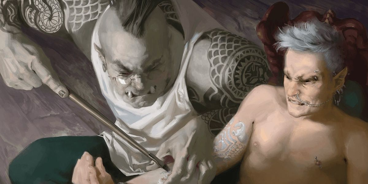 Orc tattoos elf friend on the arm in Dungeons & Dragons.