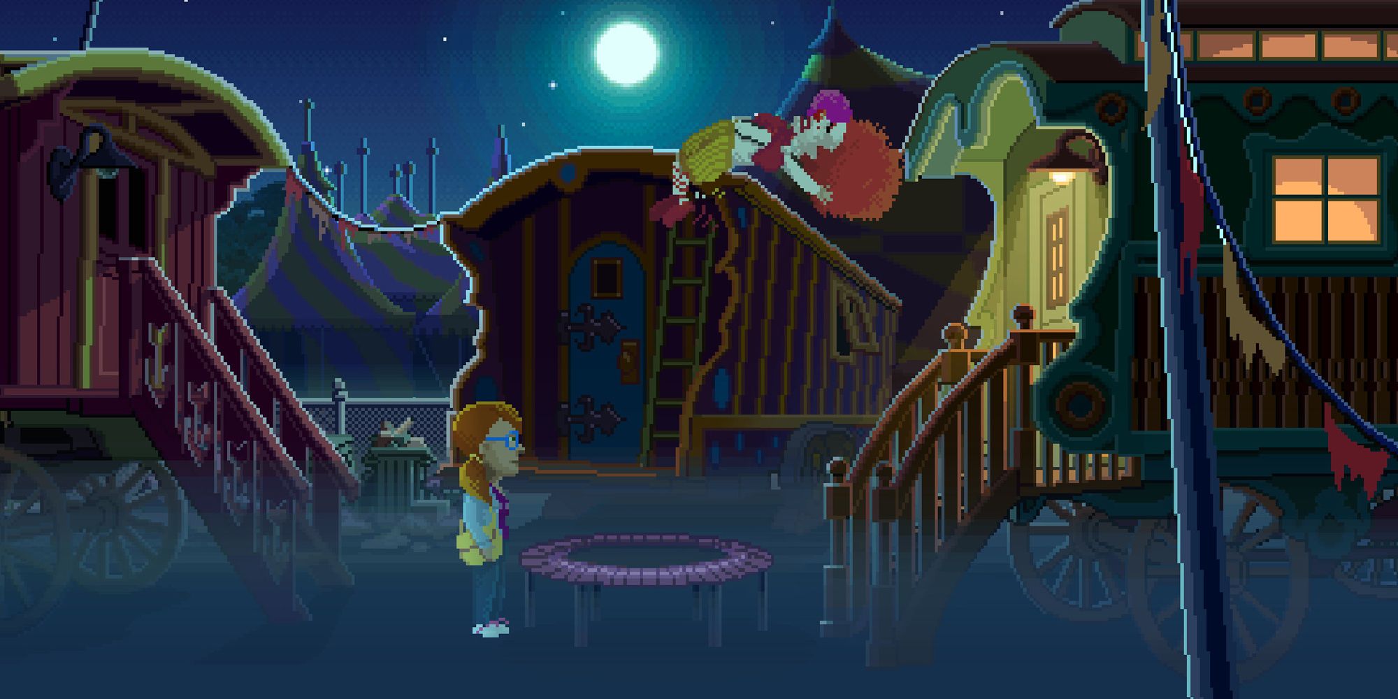 A female characters standing on the ground, looking up at a clown. 