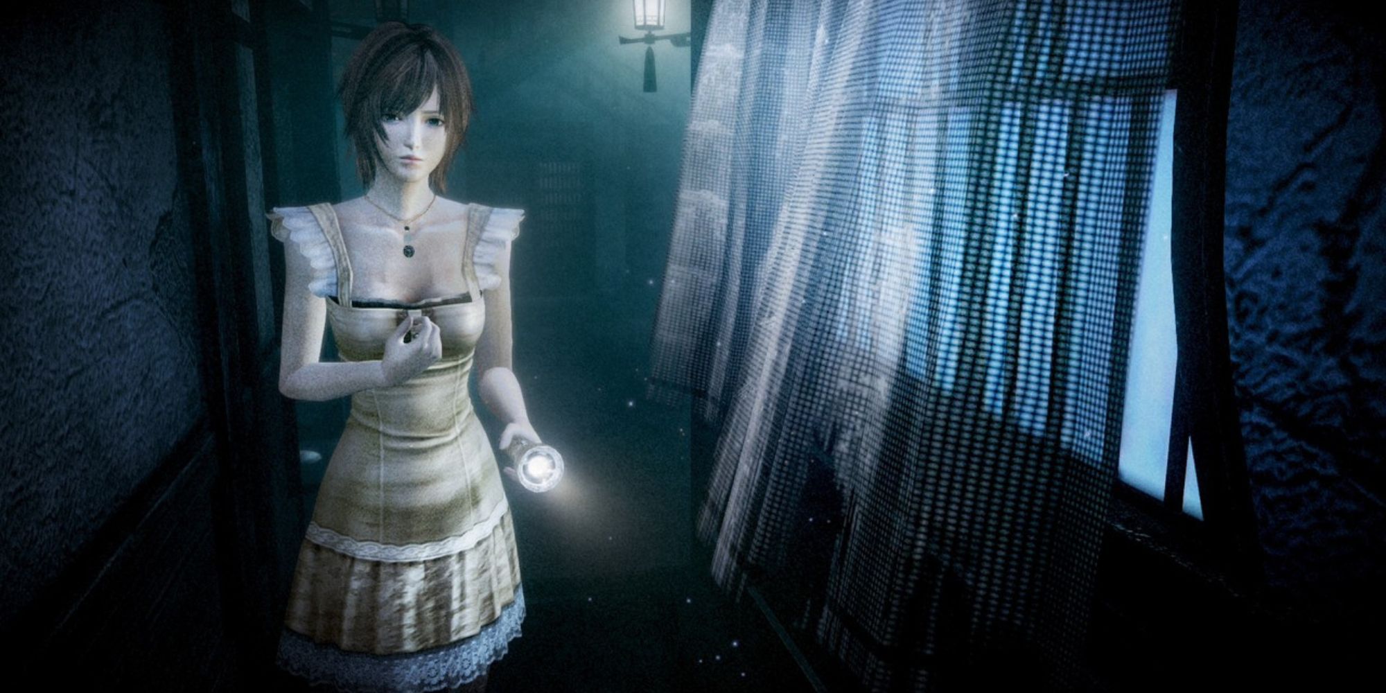 Ruka Minazuki holds a flashlight in a dark hallway in Fatal Frame: Mask Of The Lunar Eclipse.