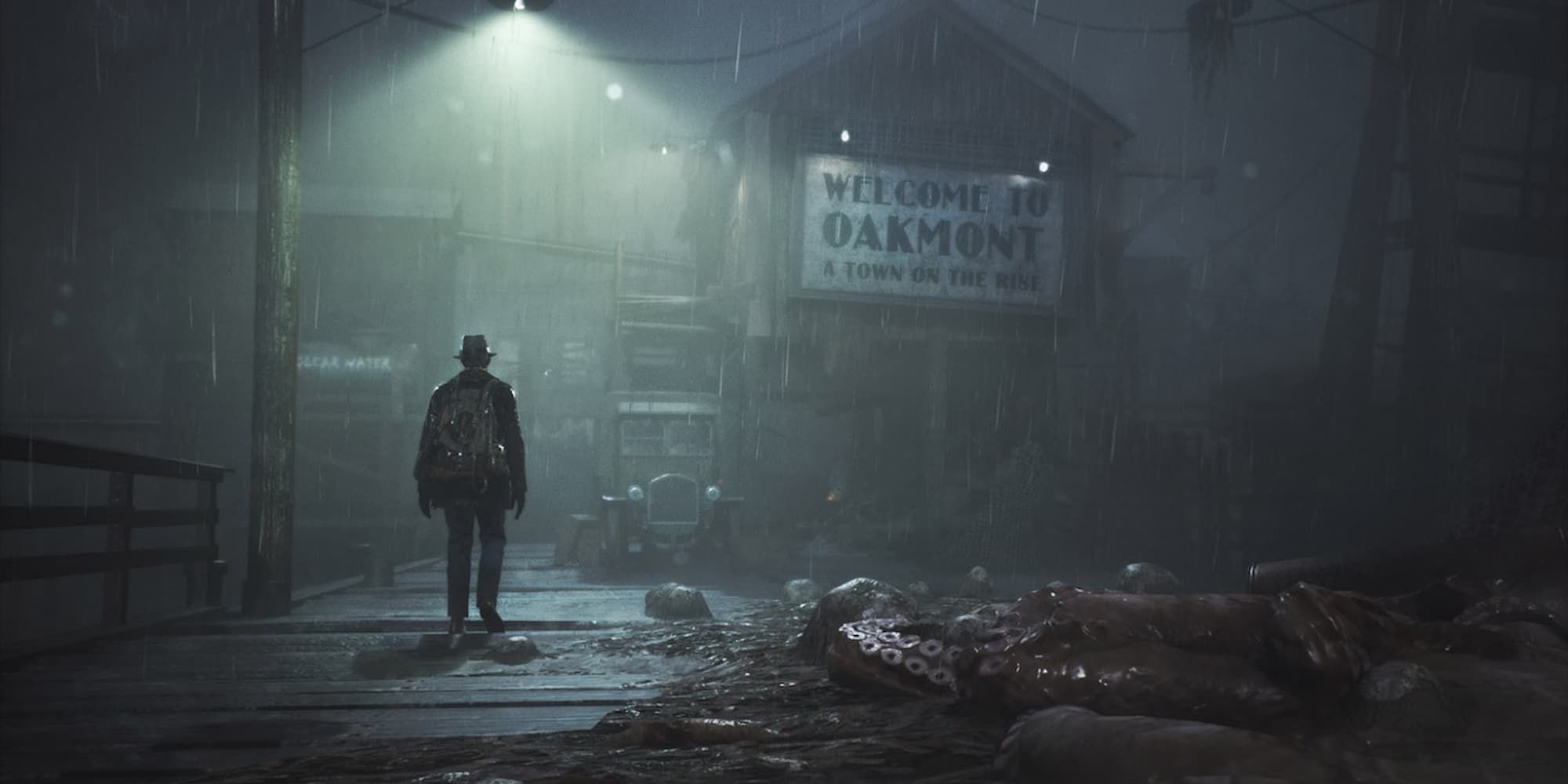 The detective crosses a wooden pier while approaching Oakmont in The Sinking City.
