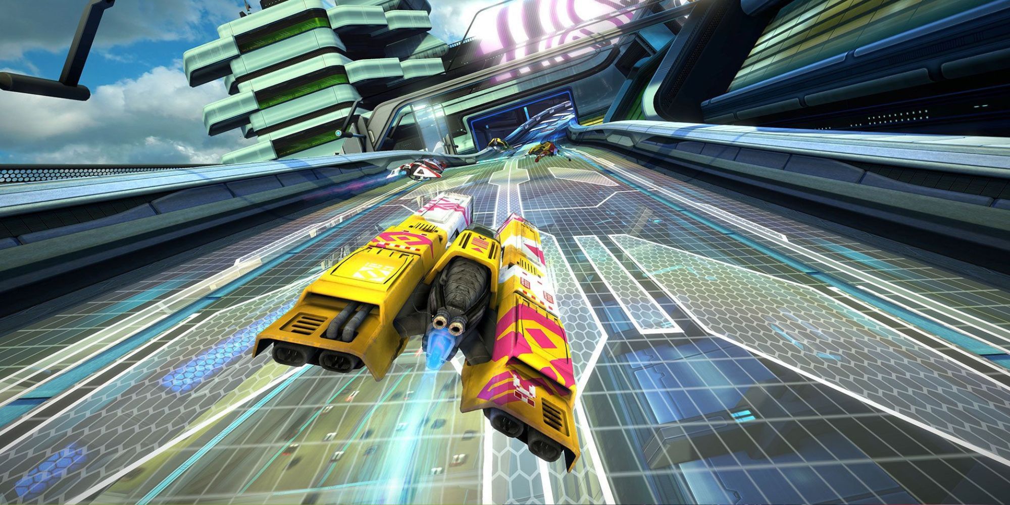 A Screenshot of a Yellow Ship mid-race in Wipeout Omega Collection.