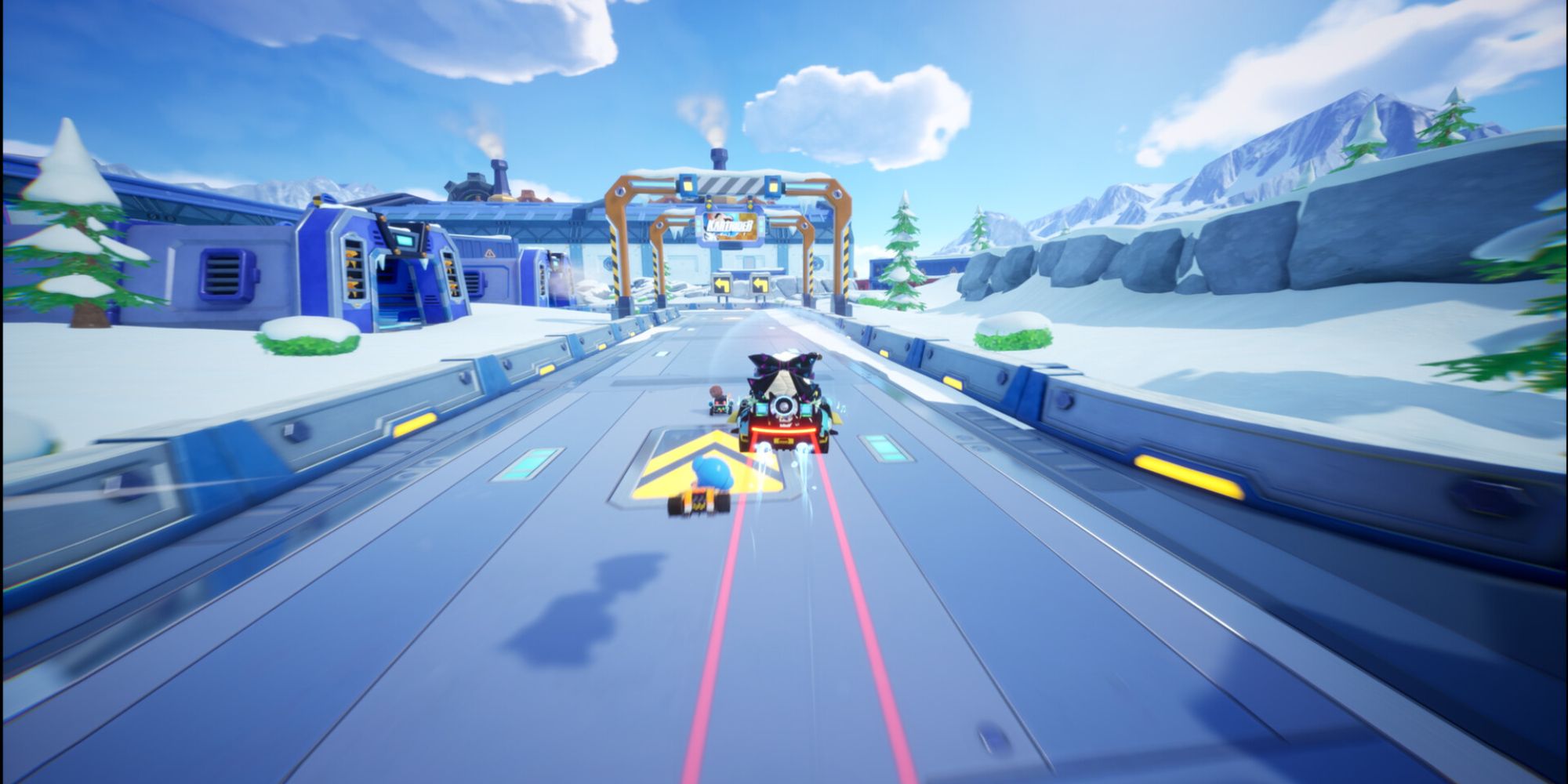 A kart drops down on a snowy track in KartRider: Drift.