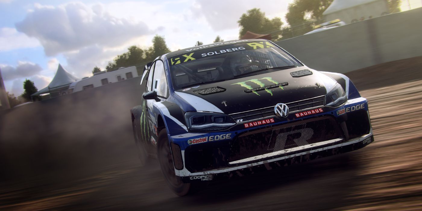 A Volkswagen Polo R Supercar drifts along the terrain in Dirt Rally 2.0.