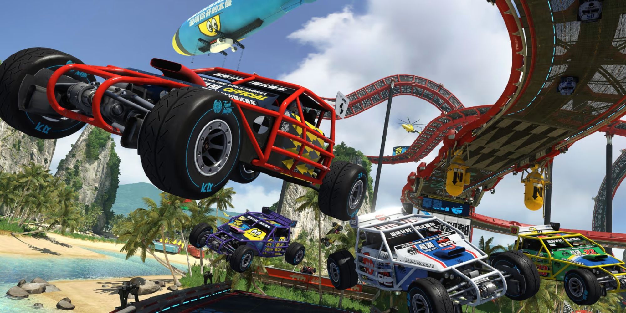 Three cars jumping in Trackmania Turbo.