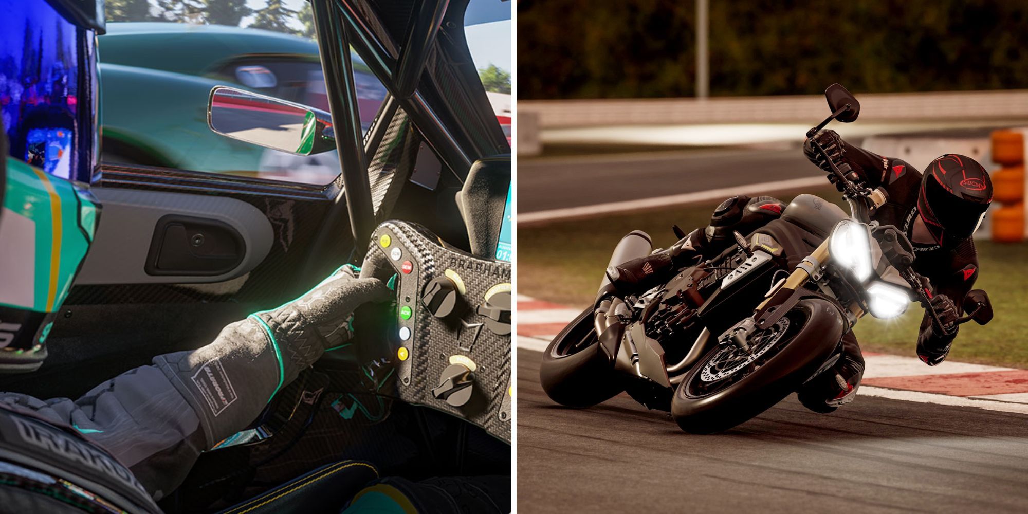 A collage showing a close shot of a driver on the left and a motorbike driver on the right.