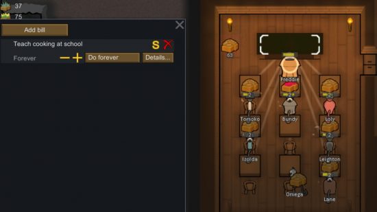 Children learning how to cook from a teacher thanks to one of the best Rimworld mods.