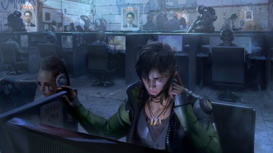 Apex Legends characters: a cybernetically alter human man sits at a desk