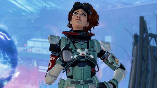 Apex Legends characters: a woman with red hair and goggles ponders an equation