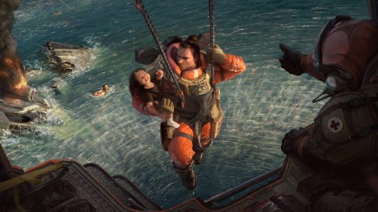 Apex Legends characters: a man rescues a child from the water using a zipline