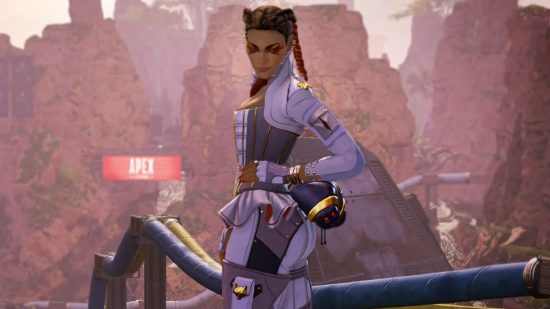 Apex Legends characters: a woman wearing white strikes a sideways pose