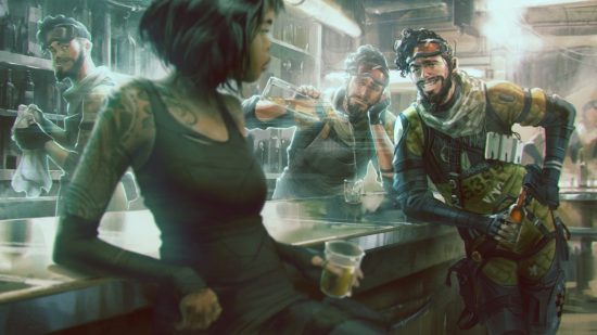 Apex Legends characters: a man projects holographic copies of himself while talking to a woman