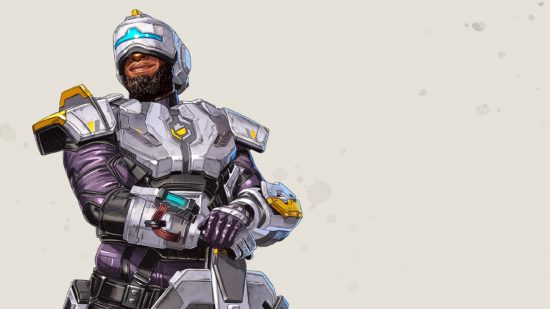 Apex Legends characters: a heavily armoured man shands, shield resting on the floor