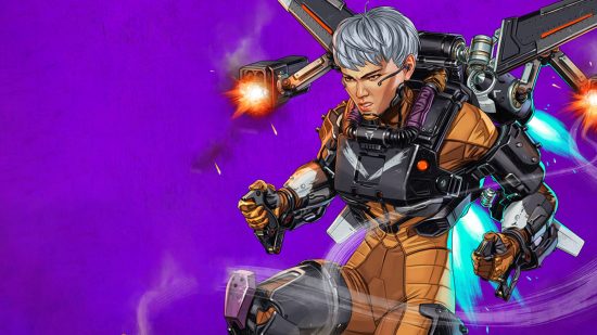 Apex Legends characters: a woman wearing a jetpack fires off a volley of missiles