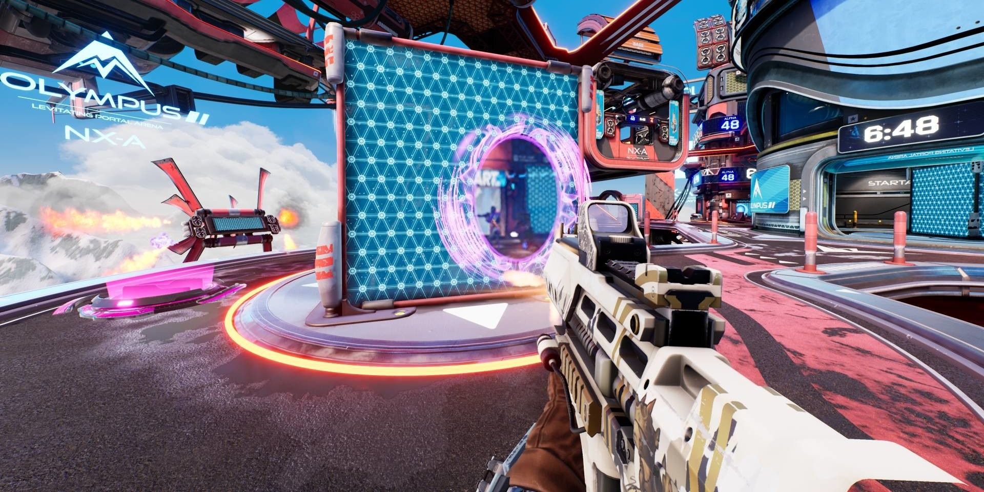 Splitgate screenshot of first person perspective of a gun's shot creating a purple hole in a screen.