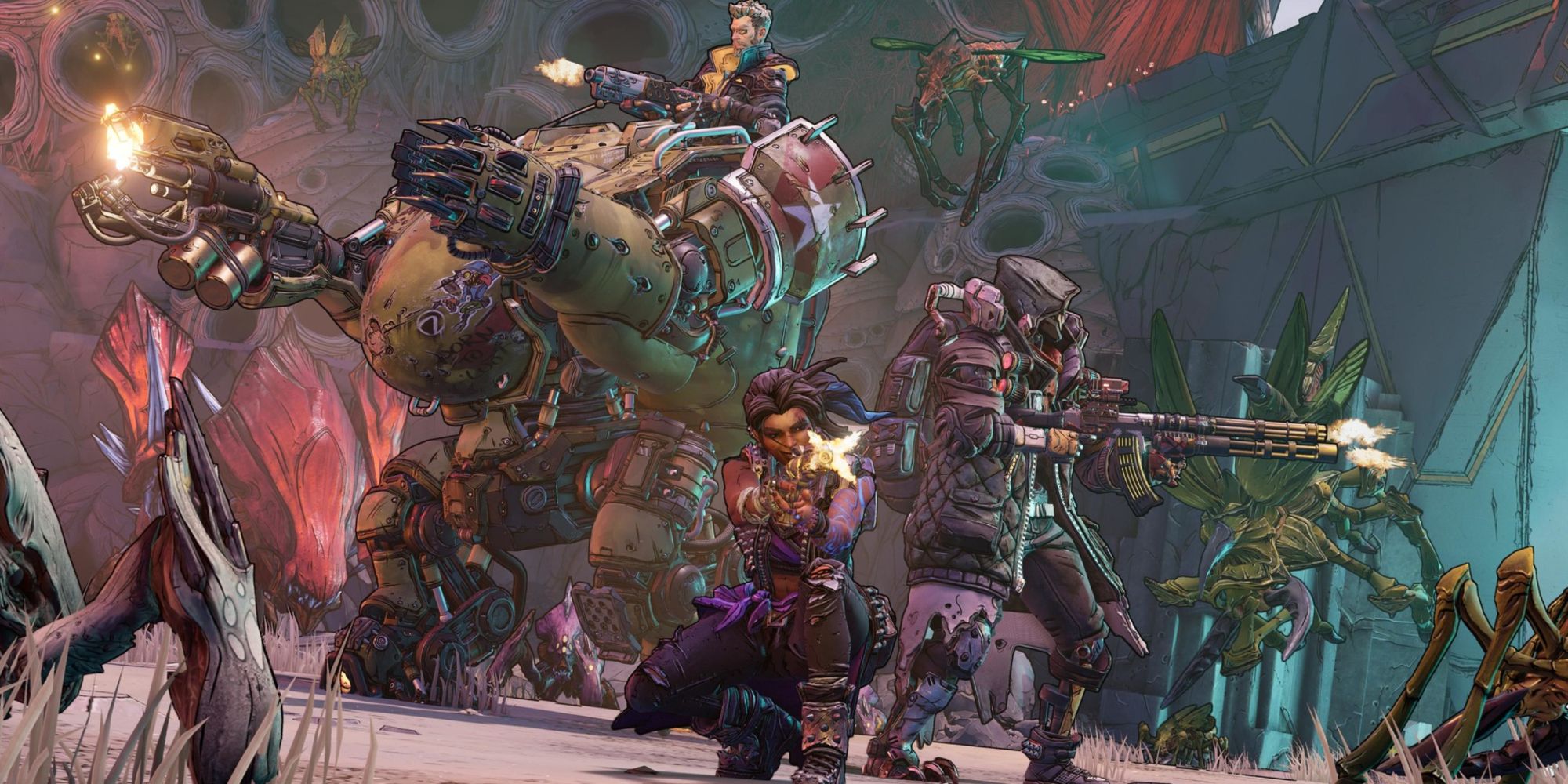 Zane, Amara and Fl4k all side-by-side and firing their weapons in Borderlands 3 as enemies come their way.