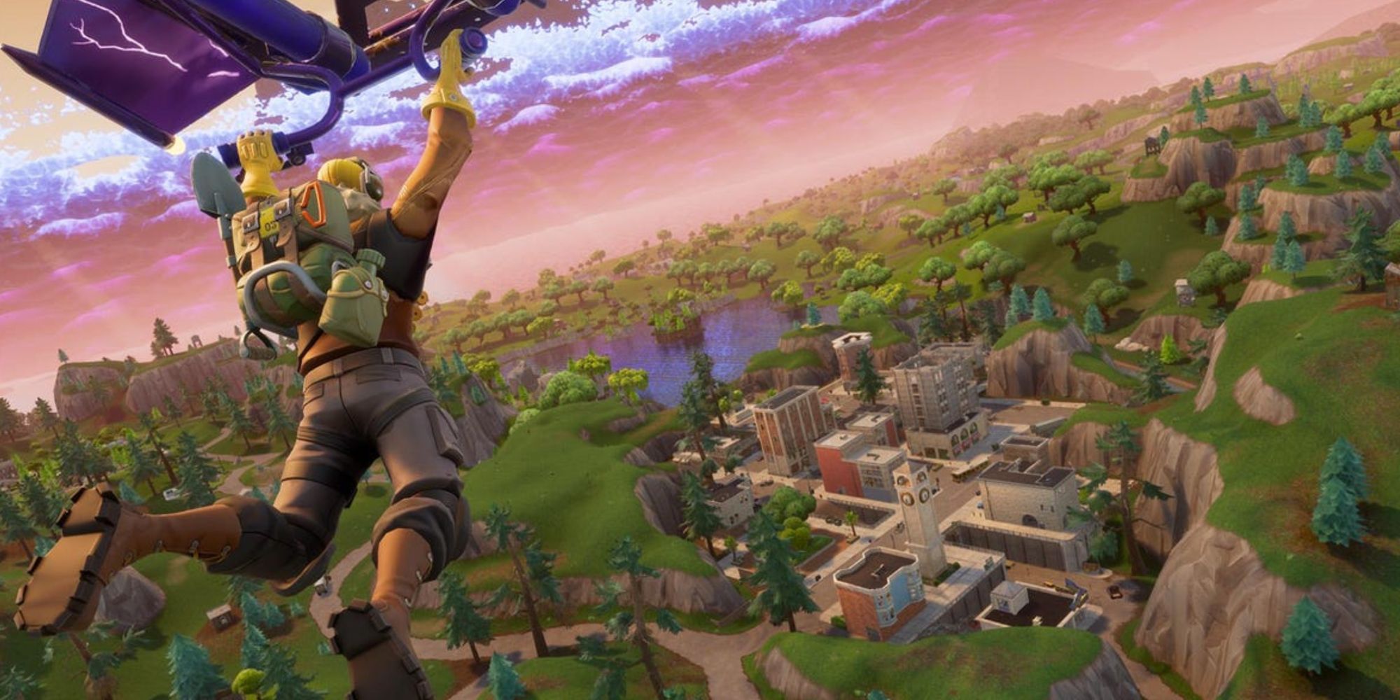 Player character gliding from above into the map in Fortnite Battle Royale.