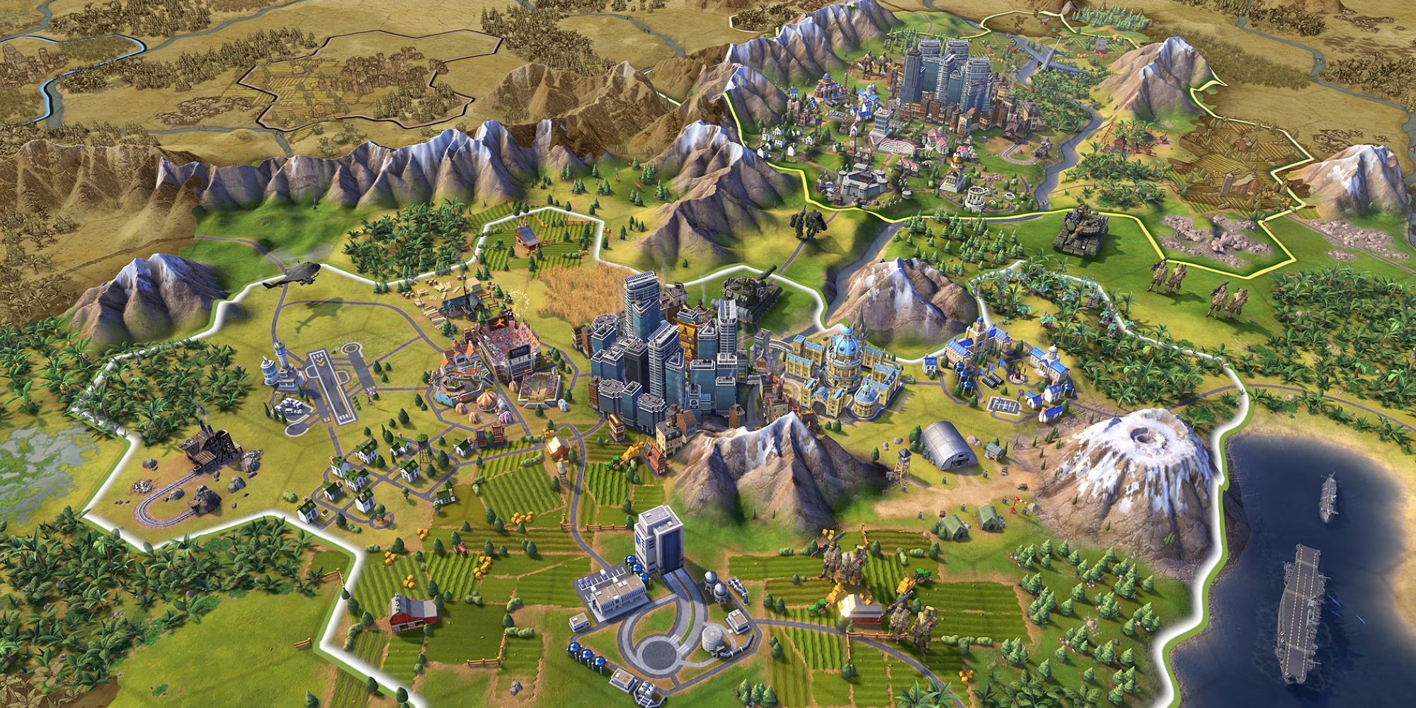 An isometric view of cities and mountains in Civilization 6.