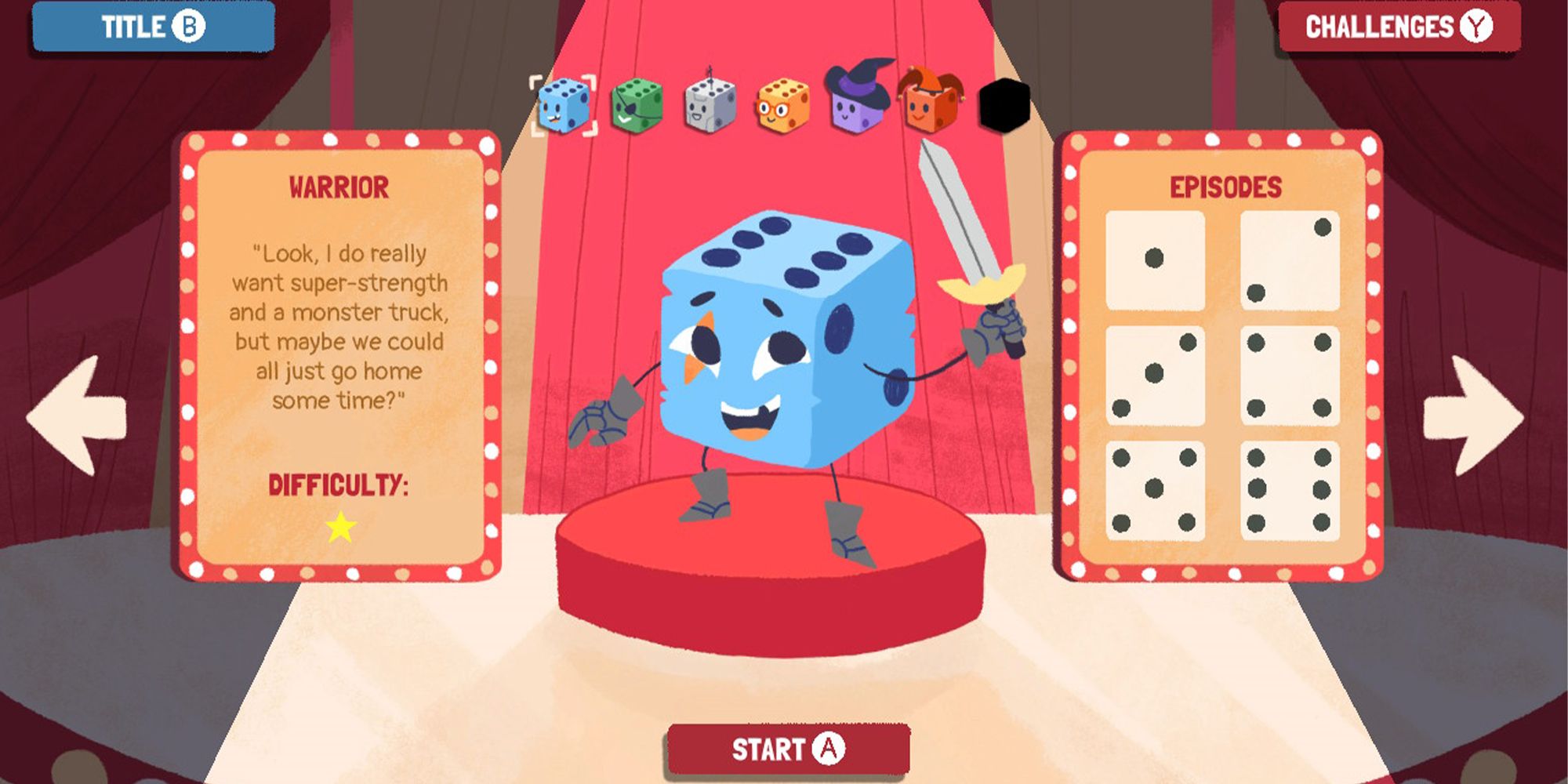 The Warrior holds a sword on the character select screen in Dicey Dungeons.