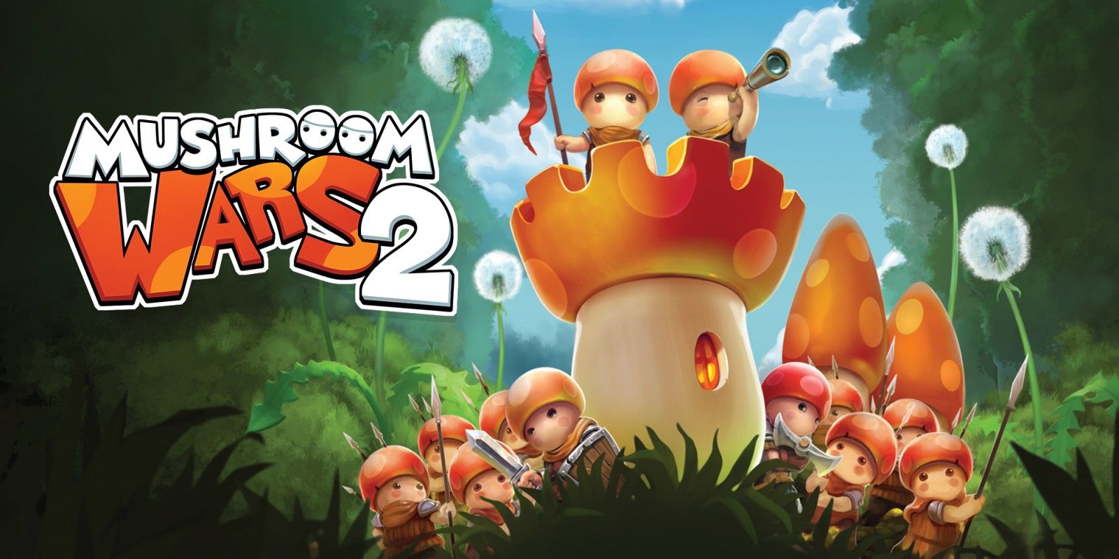 Promotional image for Mushroom Wars 2 featuring multiple mushroom soldiers protecting a castle in the grass.