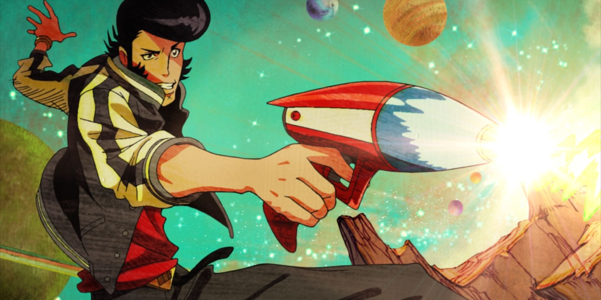 The titular Space Dandy on an alien planet, firing his blaster gun. 