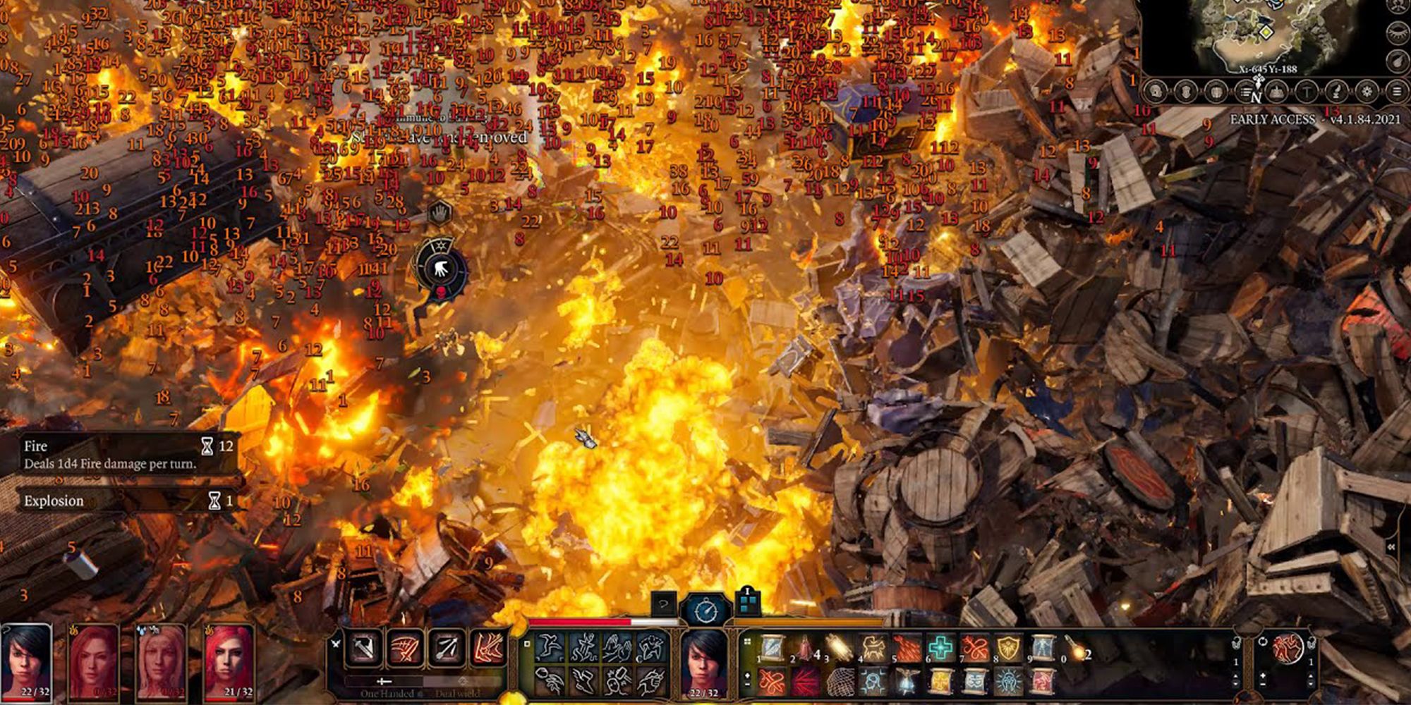 Baldur's Gate 3 a screenshot of explosive barrels on fire with damage numbers covering most of the screen.