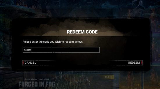 DBD codes: Redeem code box in Dead by Daylight