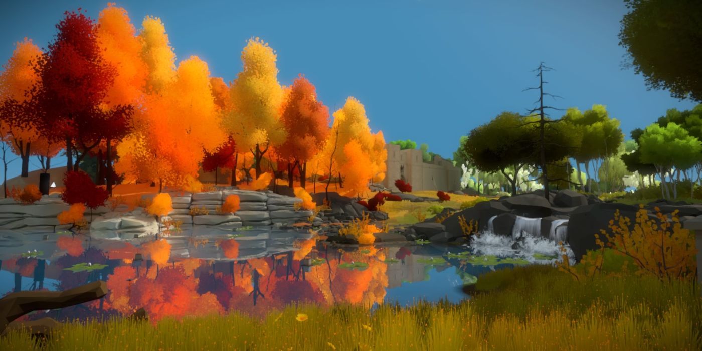 A serene lake with orange trees from The Witness 