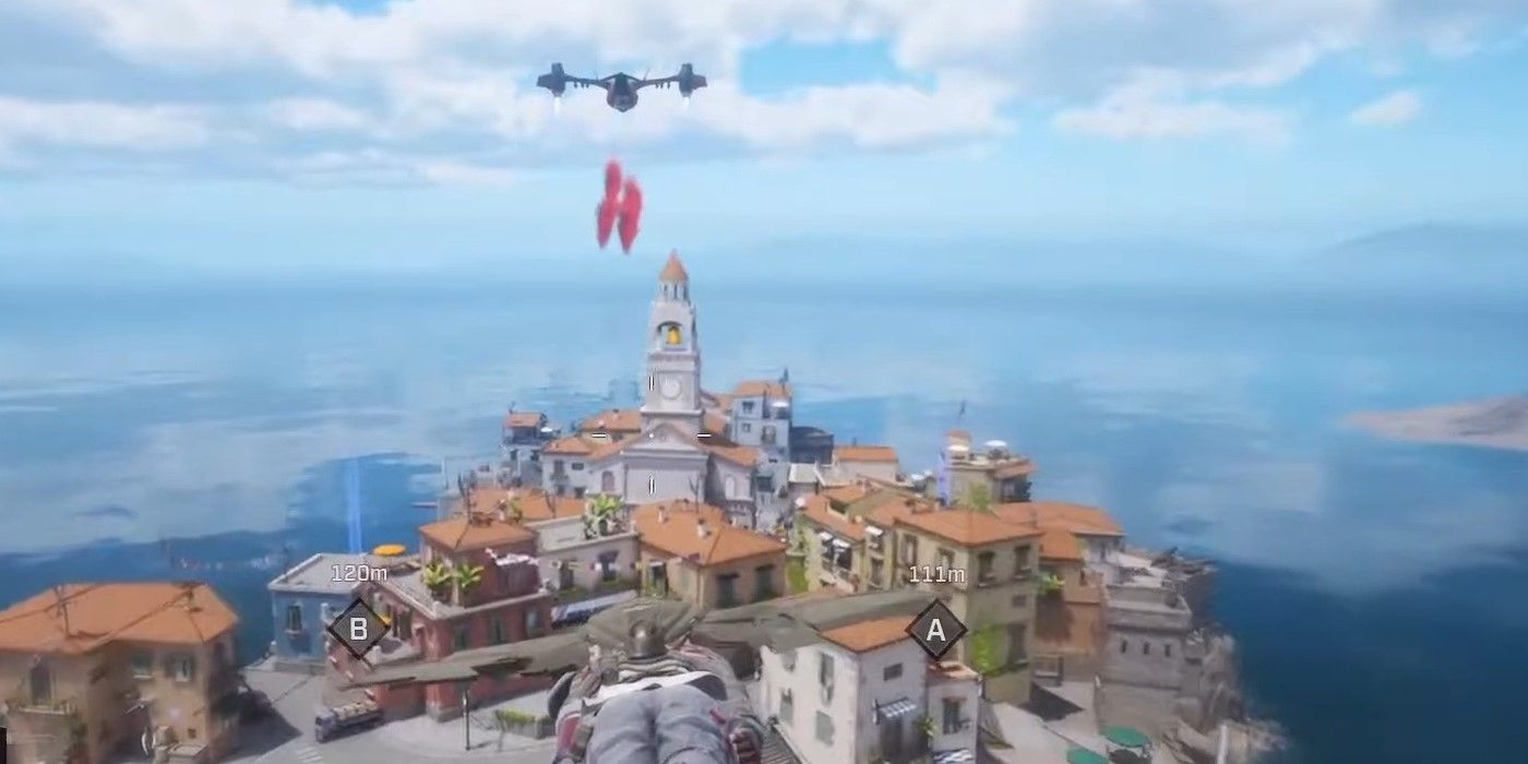 Rogue Company in mid air above an entire town
