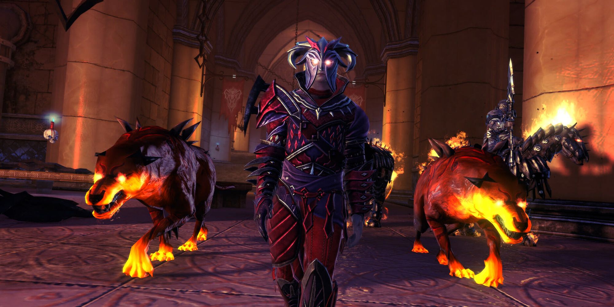 Two glowing dogs standing on the left and right of the playable character in Neverwinter.