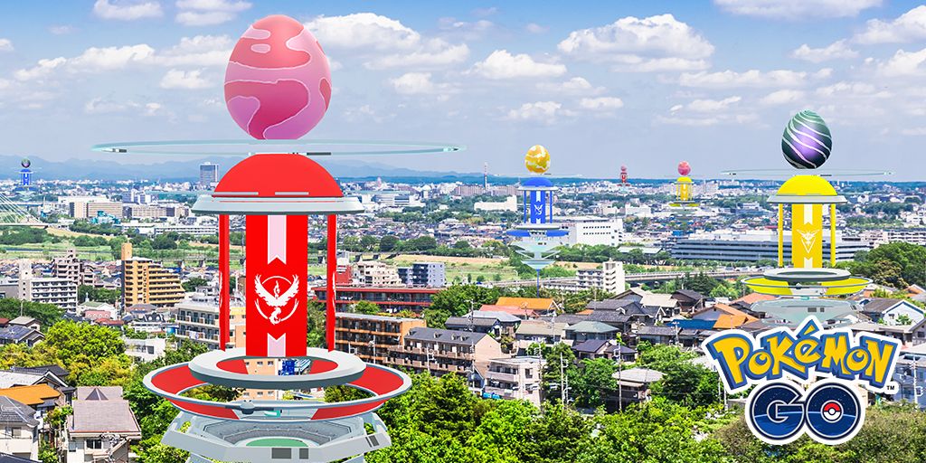 Different Pokemon Go Raids scattered throughout a crowded city.