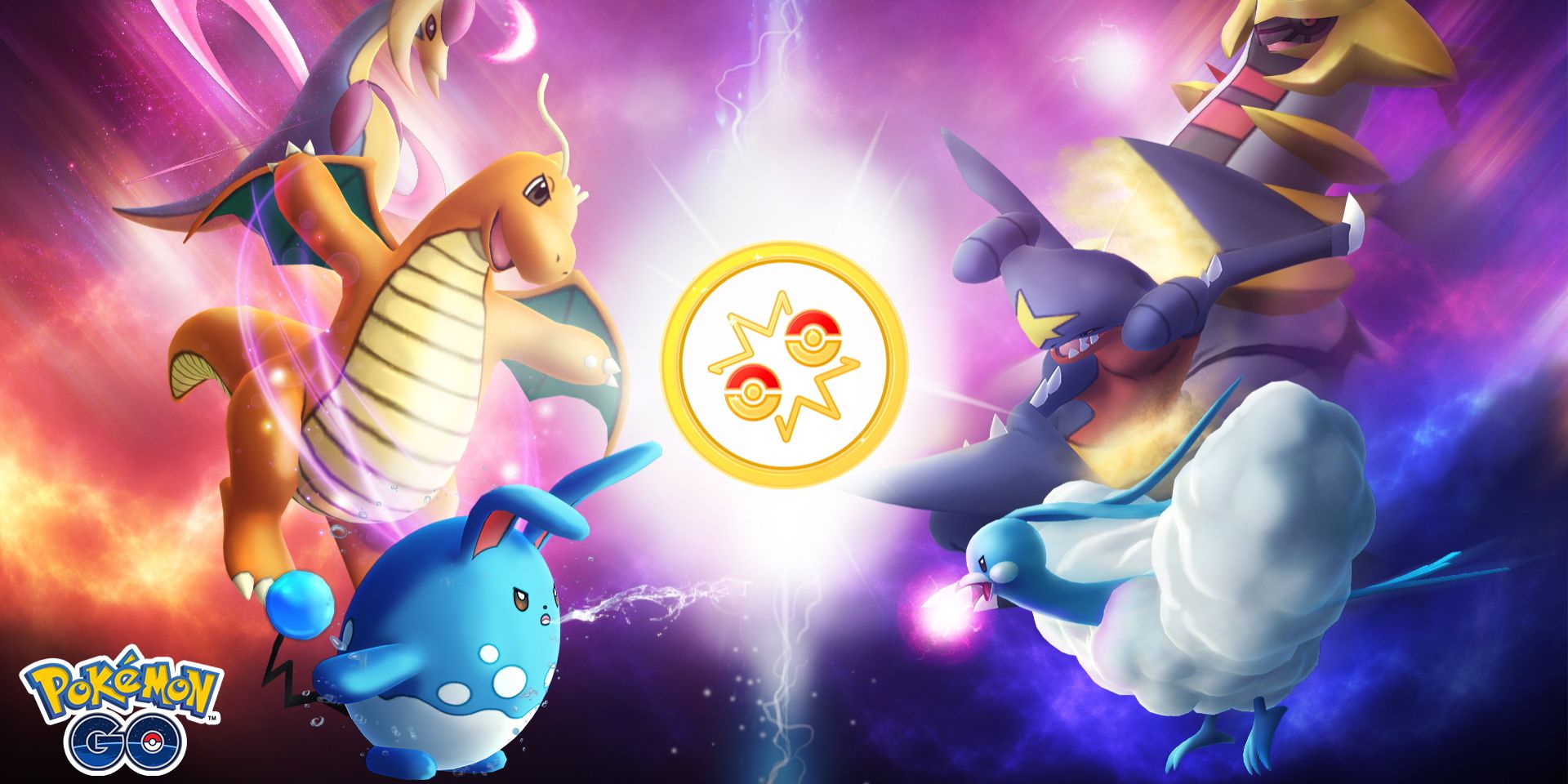 Six different Pokemon facing eachother to battle, with the Go Battle League symbol in the middle.