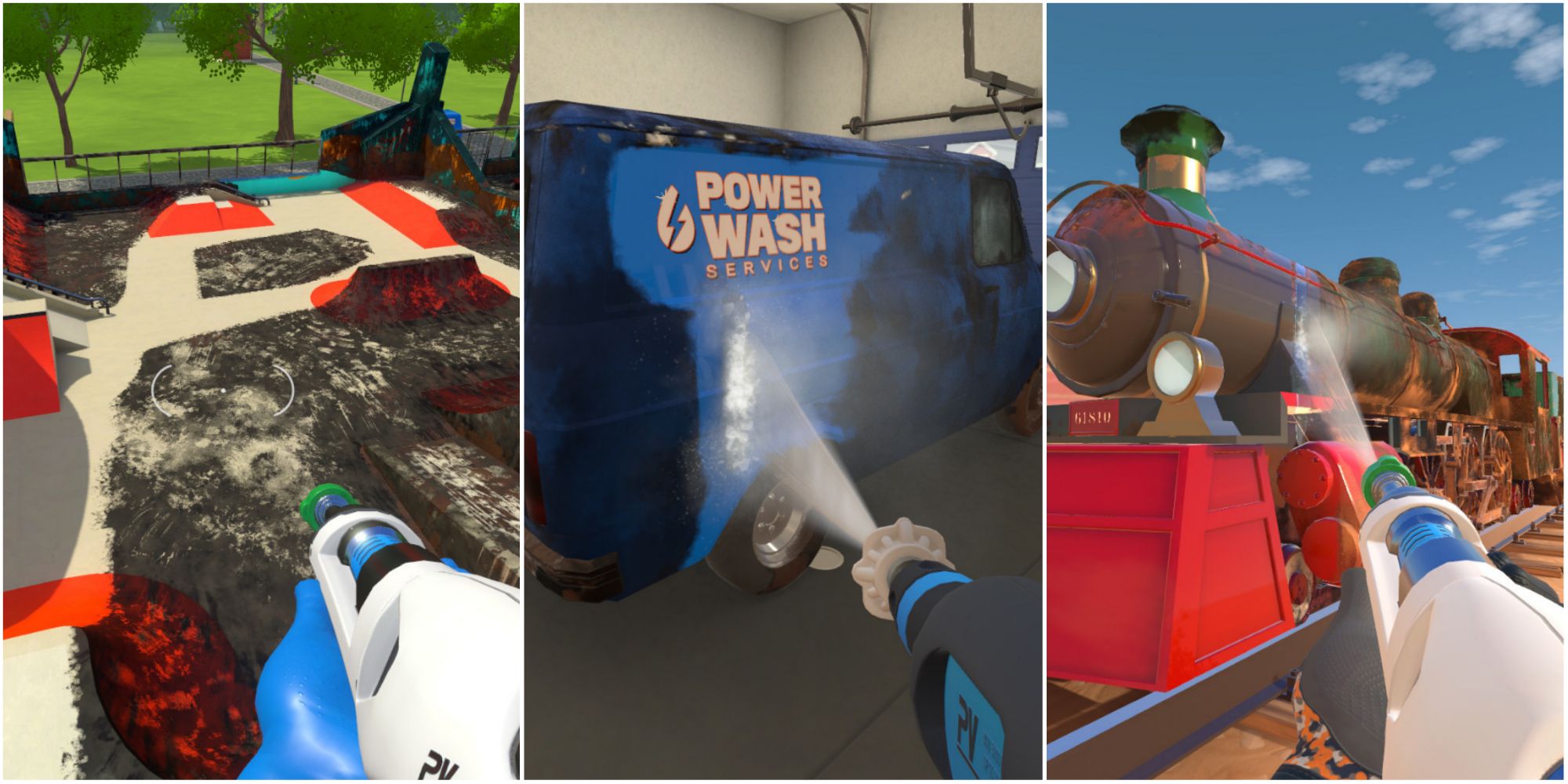 cleaning a park area, cleaning a van in a garage, cleaning a train in powerwash simulator featured