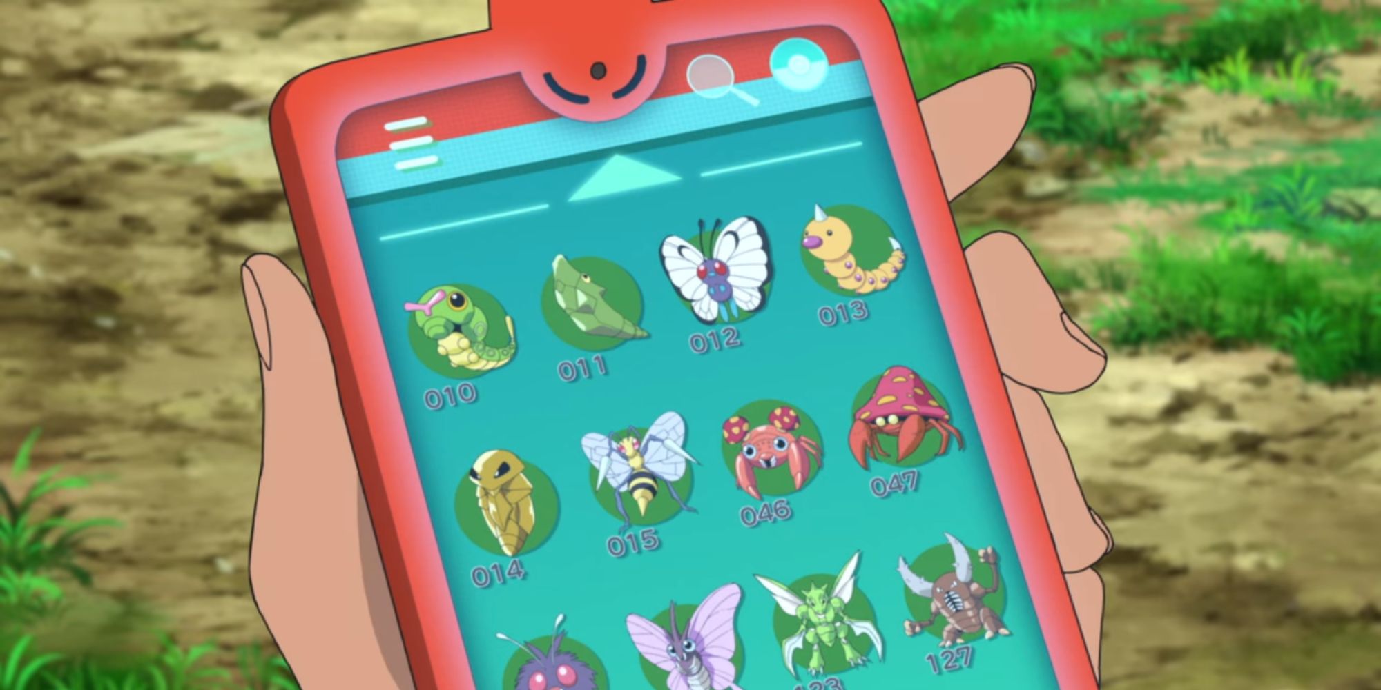 Goh's hand holding his rotom phone with the pokedex app open, showing some Kanto bug types