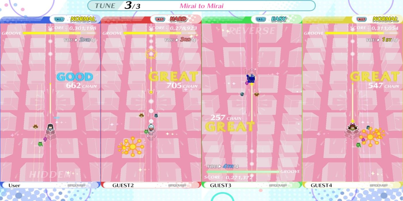 Four players compete against each other on a pink stage.