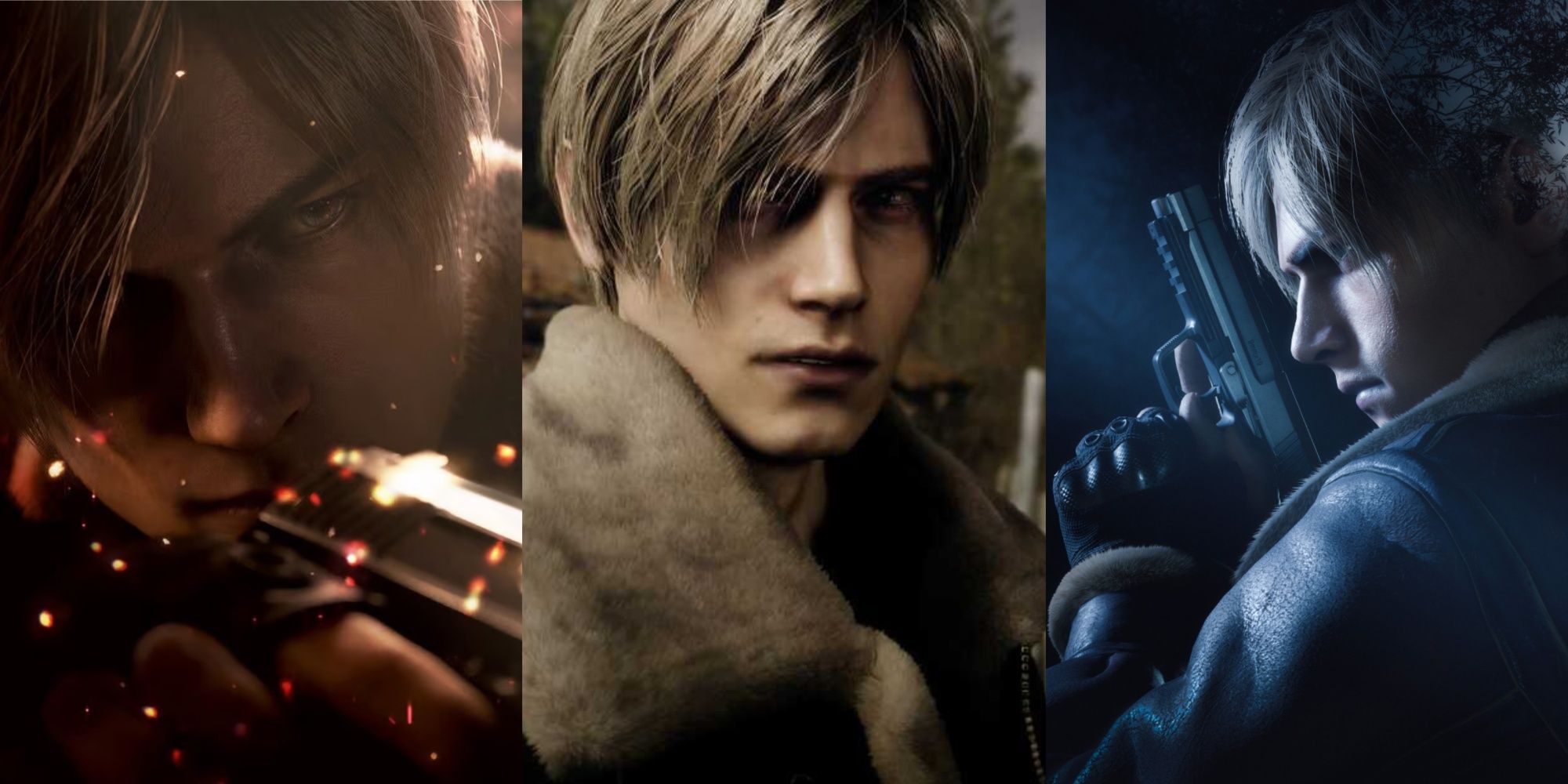 A collage of three different close shots of Leon S Kennedy's face.