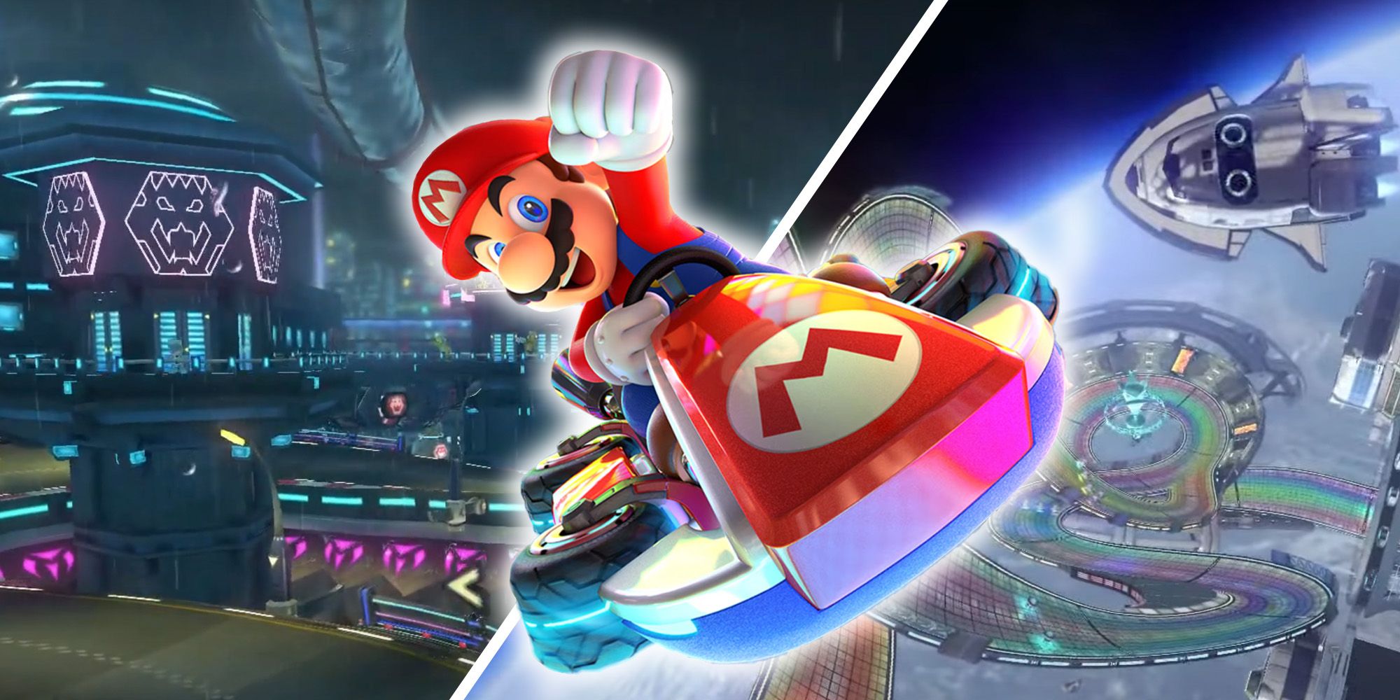 Hardest Mario Kart 8 Tracks - Split Image Of Mario, Neo Bowser City, And Rainbow Road