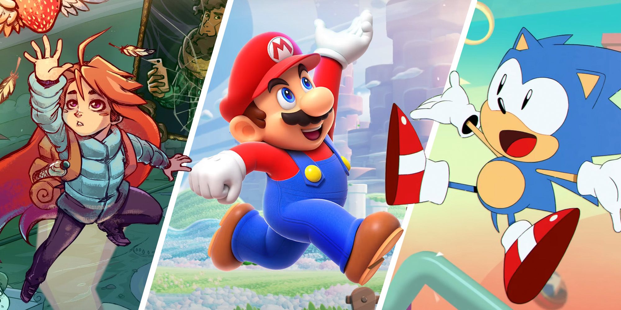 The Best 2D Platformers On Switch - Split image of Celeste, Super Mario Wonder, and Sonic Mania
