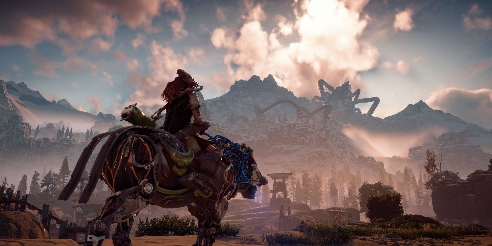 Horizon Zero Dawn screenshot of Aloy mounts a strider.