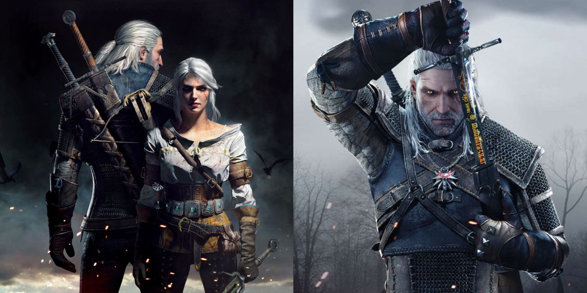 Geralt and Ciri and Geralt drawing a sword