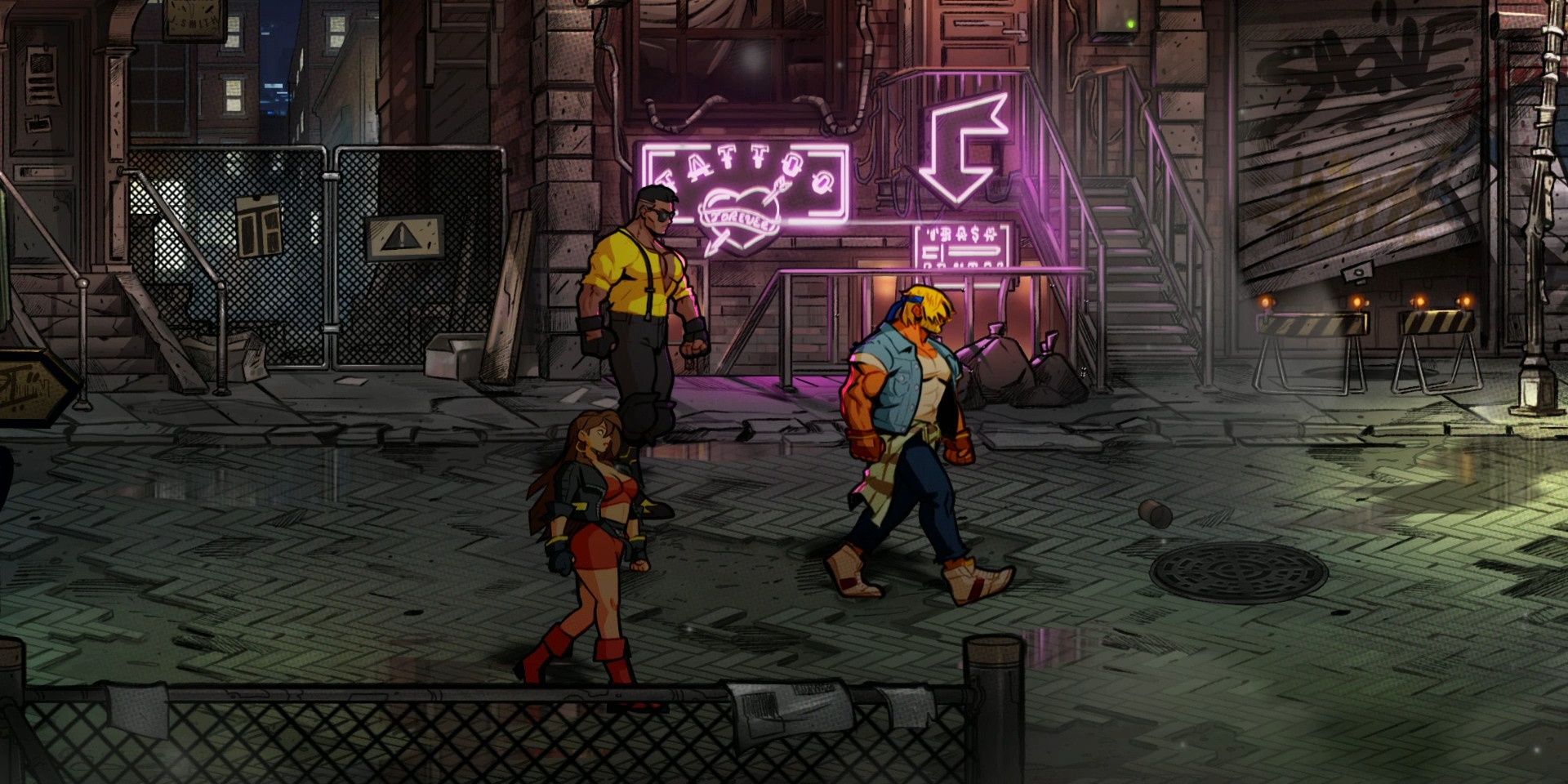 The protagonists from Streets of Rage 4 walking past a tattoo shop in a dark, dirty alley.