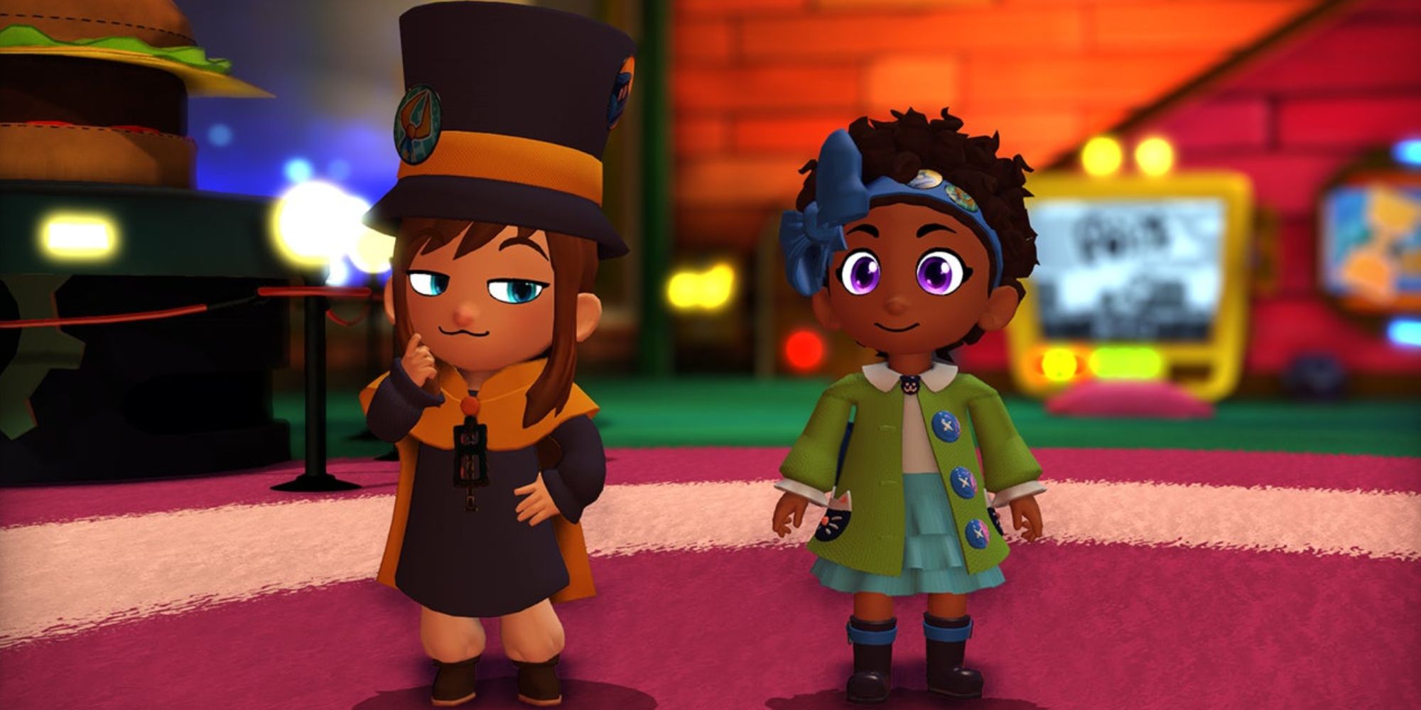 Hat Kid and Bow Kid standing next to each other in the spaceship from A Hat in Time.