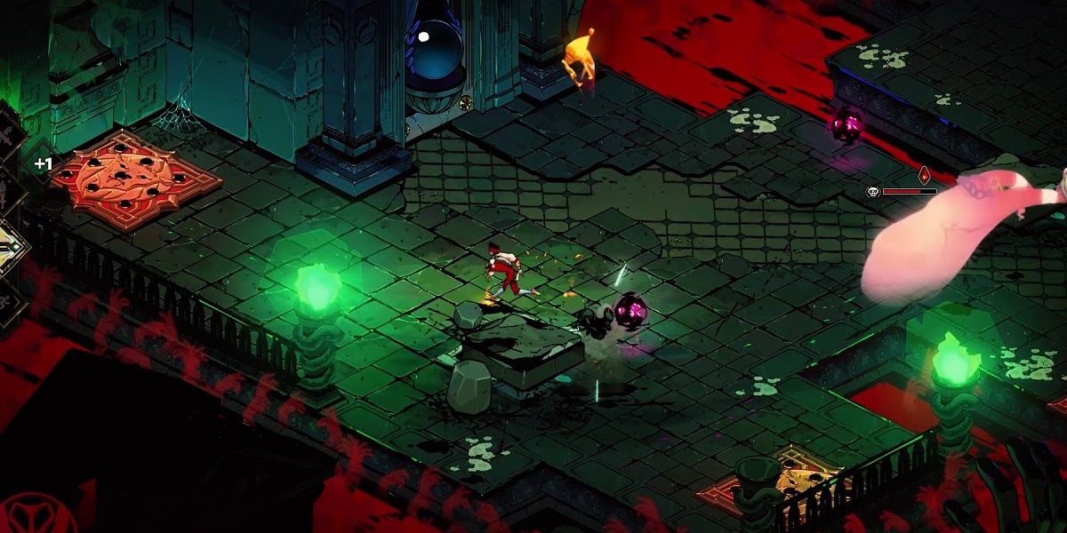 Zagreus explores a dark, green dungeon in Hades.