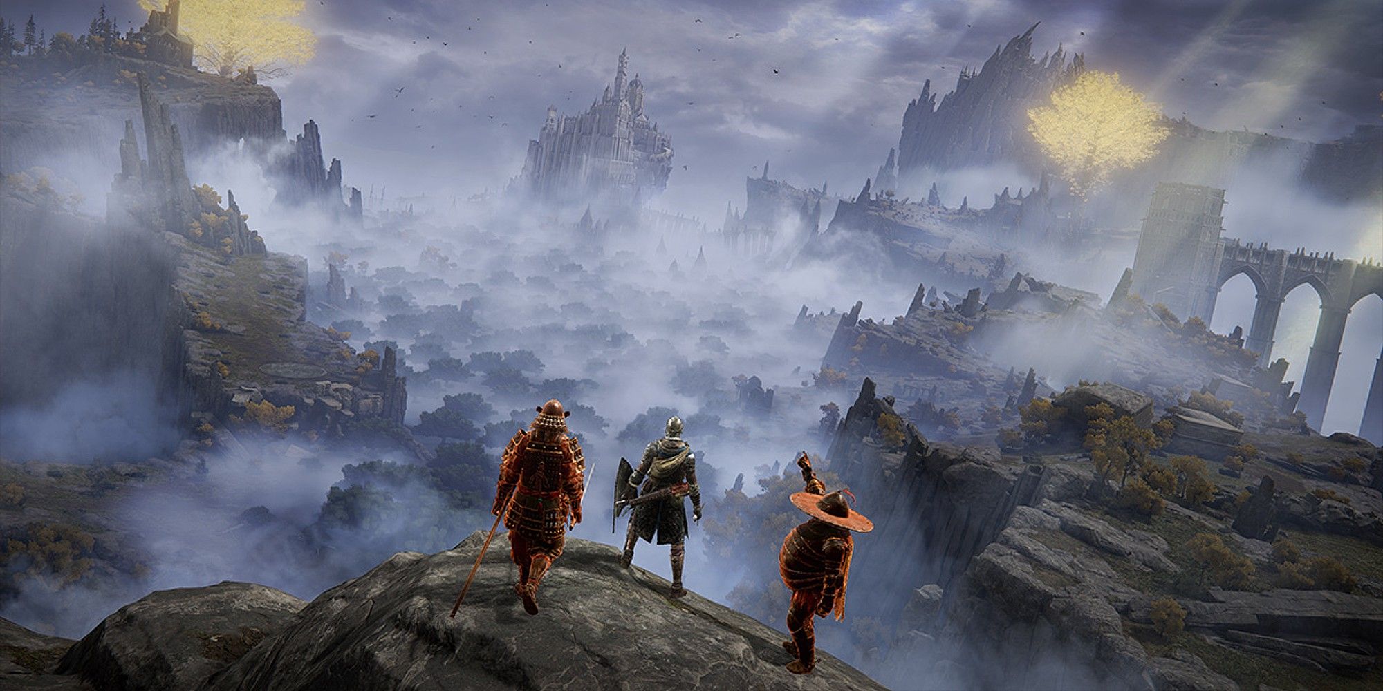 The Tarnished and two adventurers standing on a cliff overlooking a dark, foggy mountain from Elden Ring. 