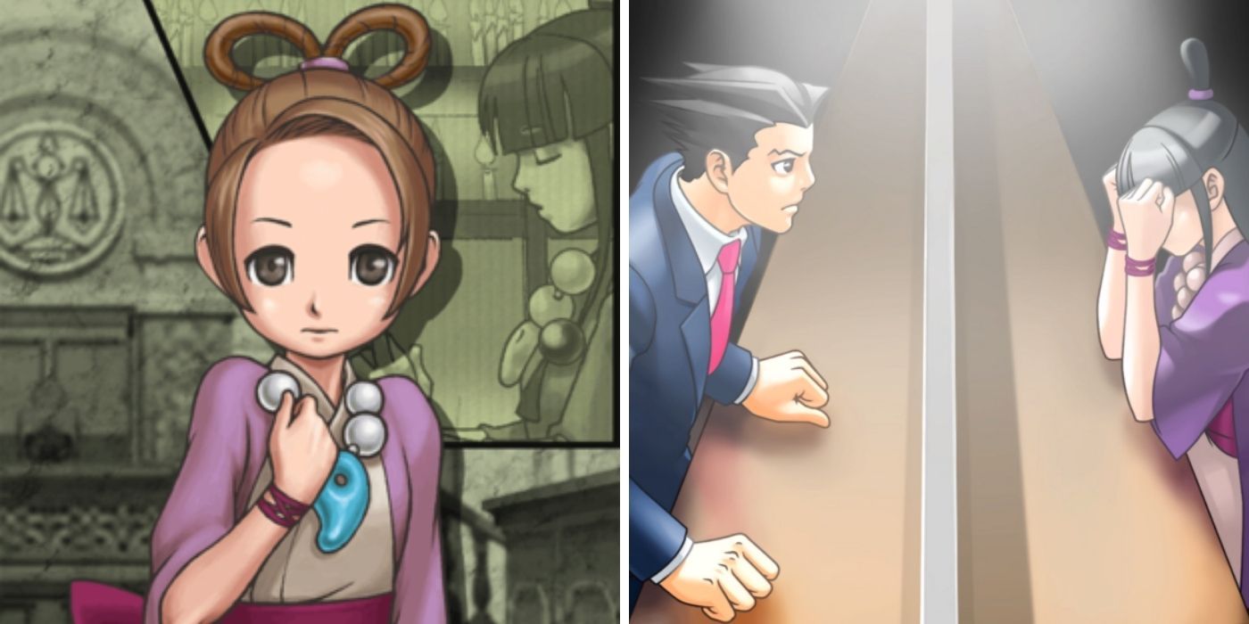 Pearl holds her necklace and Phoenix Wright talks to Maya.