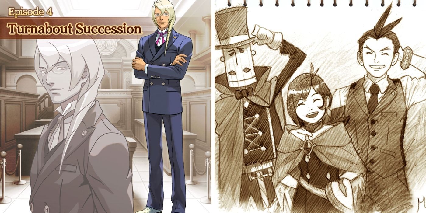 A split image of Kristoph Gavin in court on the left side and a sketch of Apollo, Trucy, and Mr. Hat on the right from Apollo Justice: Ace Attorney.