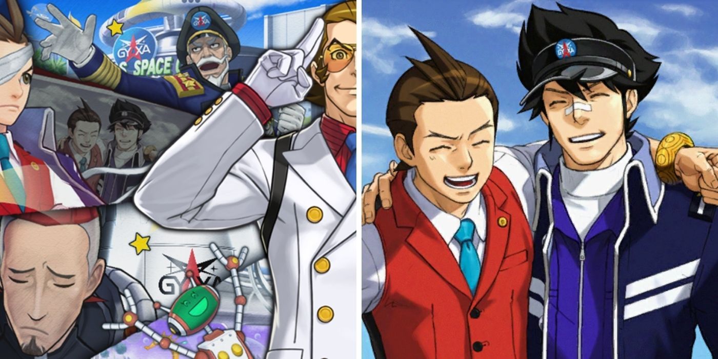 A split image of Fulbright, Apollo, Yuri Cosmos, and Solomon Starbuck on the left and Apollo and Clay on the right from Phoenix Wright: Ace Attorney - Dual Destinies.