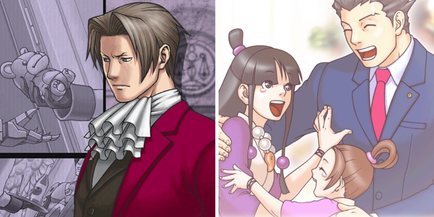 A split image of Miles Edgeworth on the right side and Phoenix, Maya, and Pearl hugging on the left from Ace Attorney Justice For All.