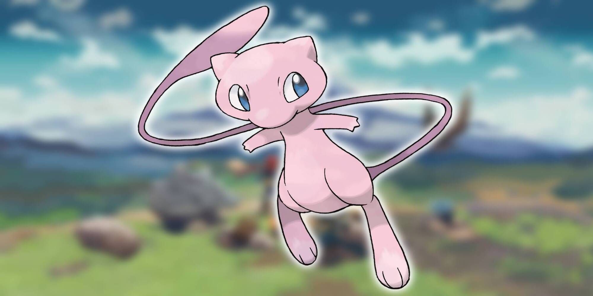 The Mythical Pokemon Mew floats above the land in Pokemon.