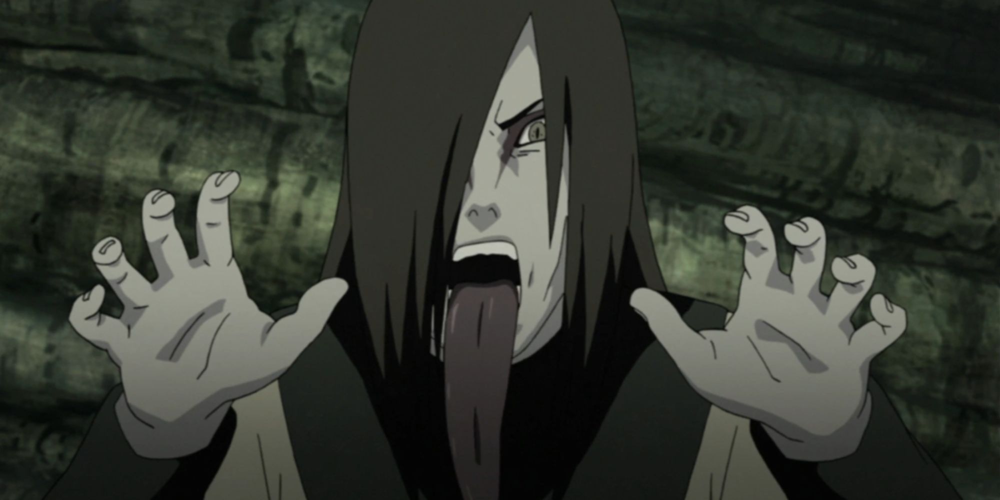 orochimaru holds up his hands with his tongue out in naruto